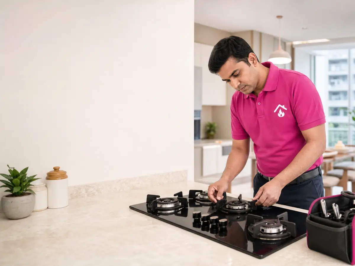 Balaji Home Solutions technician inspecting a gas hob