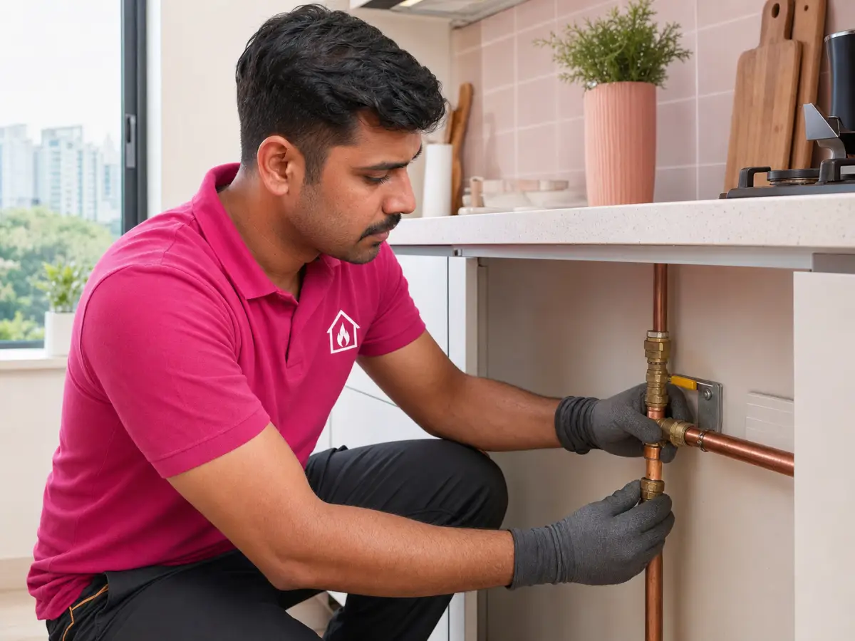 Technician checking a copper gas pipeline connection