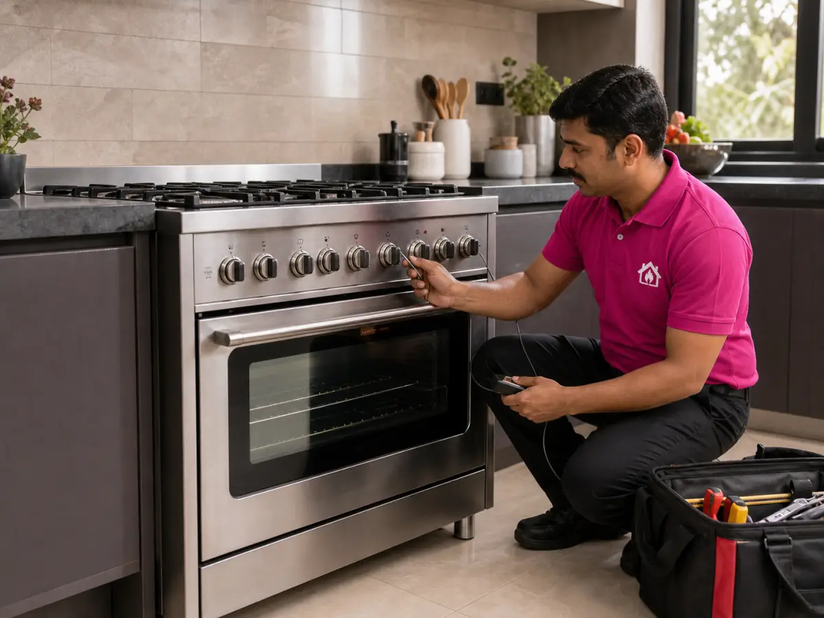 Technician assessing a cooking range before repair
